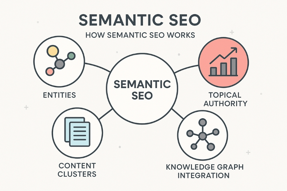 Visual explanation of semantic SEO with entities, clusters, and authority.